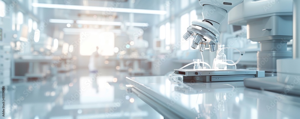 A lab with a white robot and a microscope. The lab is clean and sterile. The lab is a place for scientific research and experimentation A lab with a white robot and a microscope. The lab is clean and sterile. The lab is a place for scientific research and experimentation