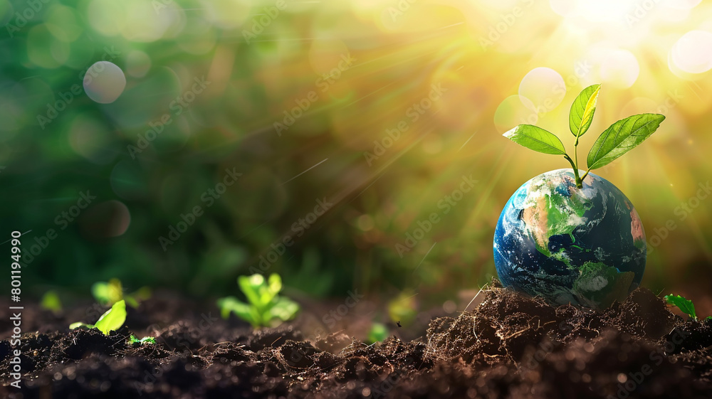 Green earth globe on soil with sunlight and green leaf banner design for world environment day concept with copy space area for text Green earth globe on soil with sunlight and green leaf banner design for world environment day concept with copy space area for text