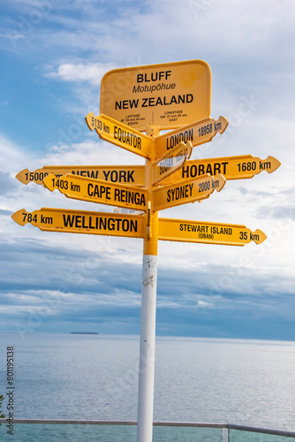 Bluff  New zealand 20th Dec 2023:  Signpost located at the very end of State Highway 1, in Bluff. The sign depicts distance and direction to various other cities and locations around the world.  © Danny Ye