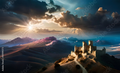砂漠の真ん中に、美しい劣化した、お城の廃墟