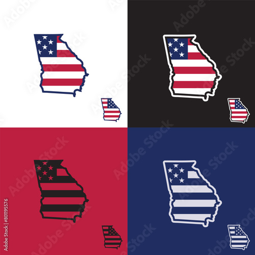 American USA Flag of Georgia state outline with stars and stripes red white and blue vector set clipart stock illustration with reverse for sleeves and Vinyl Cutters, Cricut 
