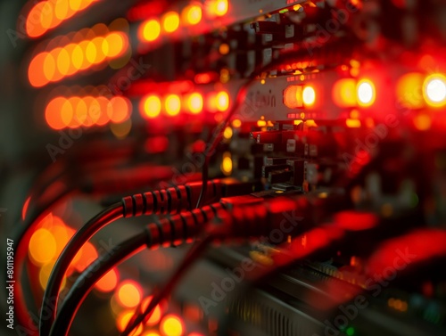 Close-up of red LED lights on server hardware, symbolizing data processing and network activity.