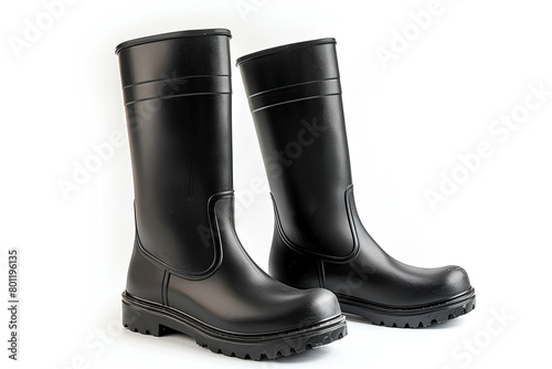 A pair of black rain boots on a white background