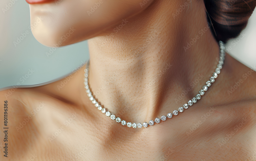a woman wearing a diamond necklace close up