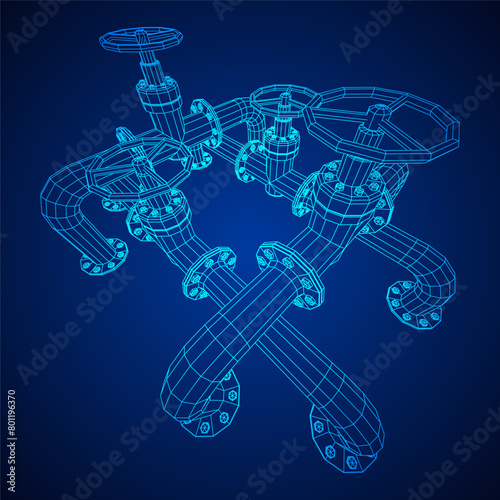 Oil pipeline with valve. Petrol production. Petroleum fuel industry transportation line. Wireframe low poly mesh vector illustration