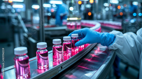 A pharmacist scientist, gloved for hygiene, inspects medical vials on a conveyor belt in a pharmaceutical factory, ensuring quality in mass-producing prescription medications.