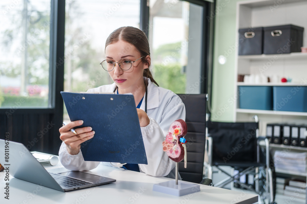 Caucasian woman sits at a desk, kidney model, gallstones, glomerulonephritis, acute and chronic kidney disease, infectious diseases, abnormal ureters, cysts, and urinary system cancer. Caucasian woman sits at a desk, kidney model, gallstones, glomerulonephritis, acute and chronic kidney disease, infectious diseases, abnormal ureters, cysts, and urinary system cancer.