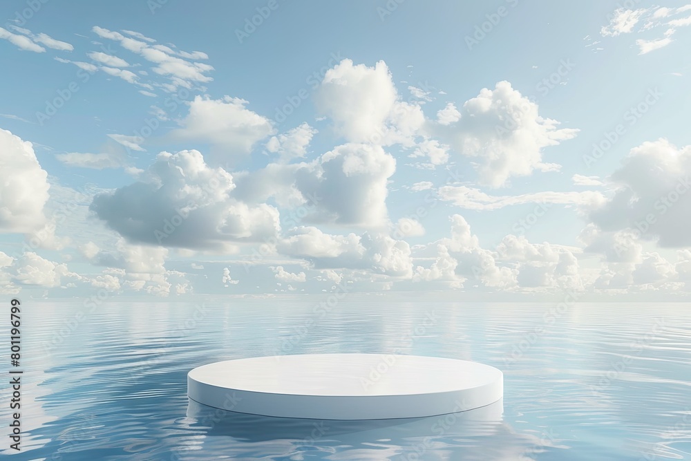 White podium with a water background