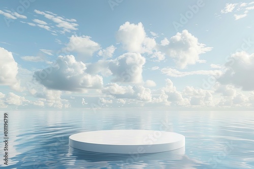 White podium with a water background