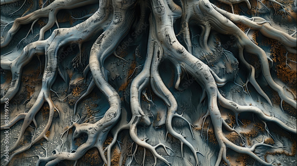 Abstract and intricate intertwined tree root system. Generative AI.