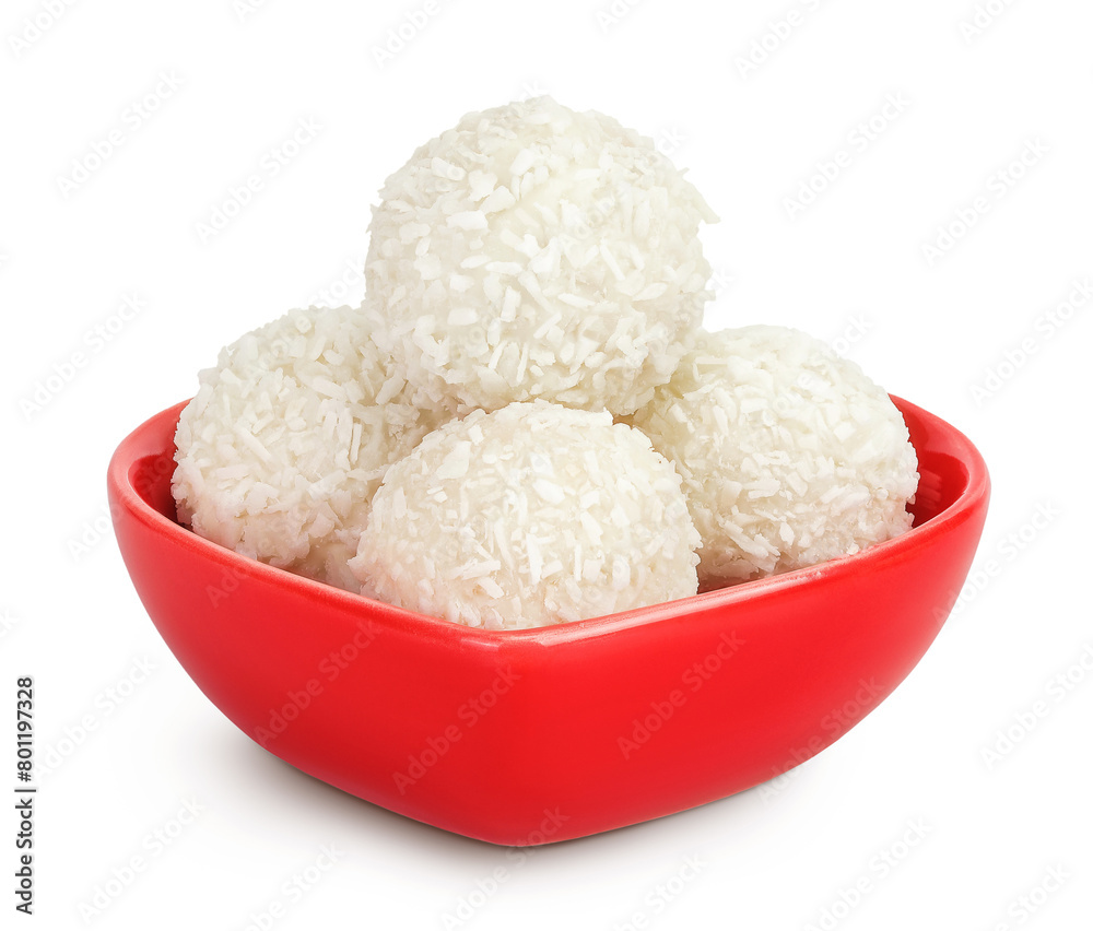 round candy raffaello with coconut flakes and nut in ceramic bowl isolated on white background round candy raffaello with coconut flakes and nut in ceramic bowl isolated on white background