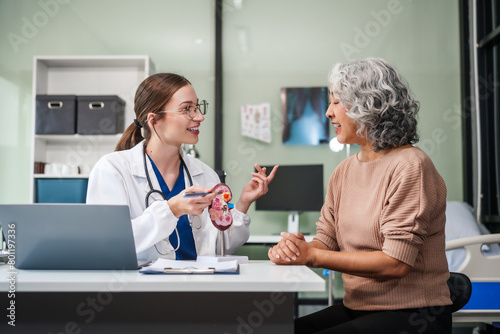 Foto Caucasian woman and elderly Asian woman discuss kidney model issues like gallstones, glomerulonephritis, acute/chronic kidney disease, infections, abnormal ureters, cysts, urinary system cancer