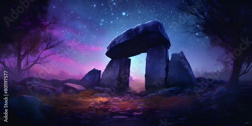 ancient dolmen, megalithic masonry, under the starry sky