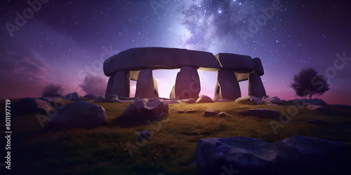 ancient dolmen, megalithic masonry, under the starry sky