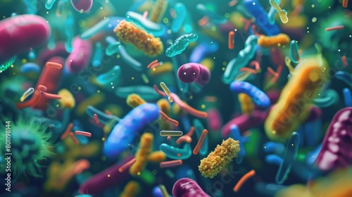 Microscopic view of probiotics bacteria in human stomach, showing escherichia coli and other organisms involved in digestion and health care photo