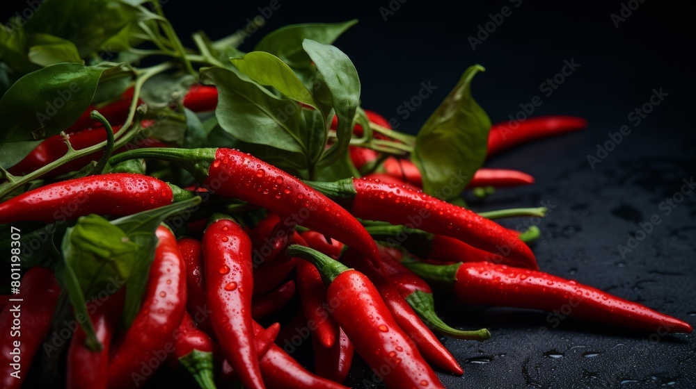Food photography background - Closeup of ripe red chili peppers branch, on dark black table. Food photography background - Closeup of ripe red chili peppers branch, on dark black table.