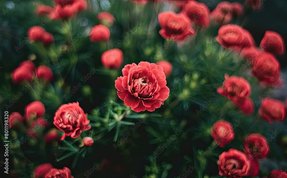 A cluster of vibrant red flowers blooming in a garden setting. Generative AI A cluster of vibrant red flowers blooming in a garden setting. Generative AI