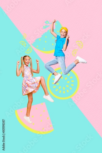 Vertical photo collage of two happy schoolgirls jump together friends summer holiday free time happiness isolated on painted background