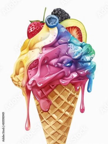 Melting ice cream cone with mixed fruits art