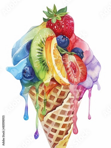 Colorful ice cream cone with melting fruit photo