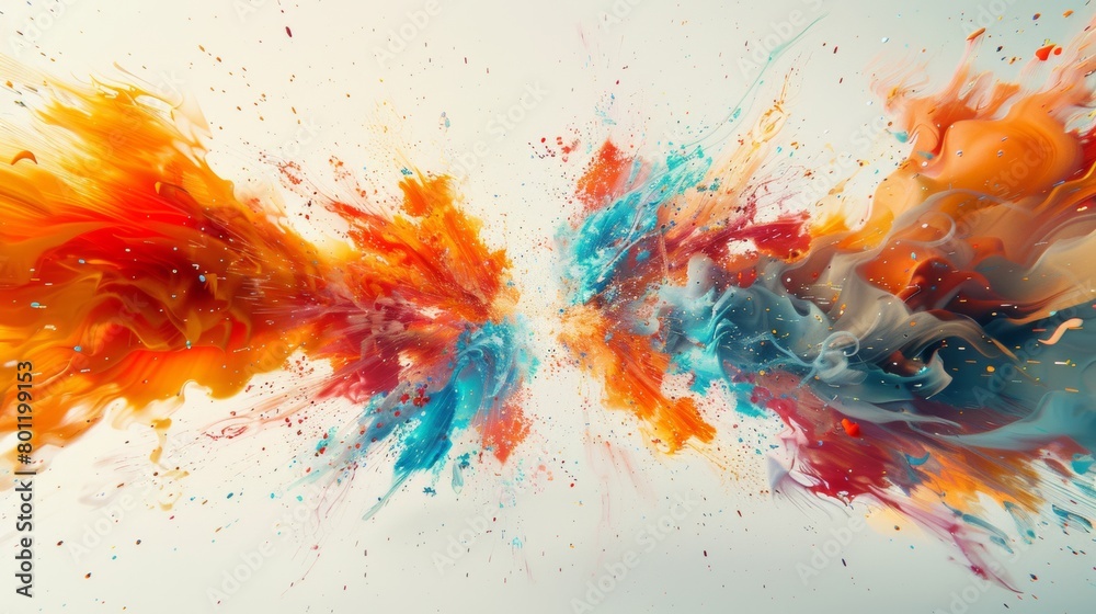 A colorful explosion of shapes and lines emanating from a single point in the center, fading outwards into white space. A colorful explosion of shapes and lines emanating from a single point in the center, fading outwards into white space.