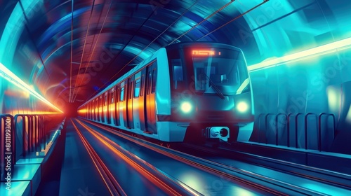 Colorful metro train moving fast in tunnel photo