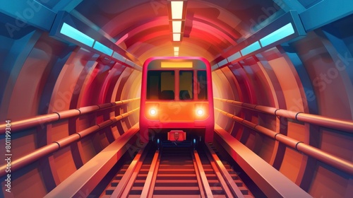 Red subway train in a warm-toned tunnel