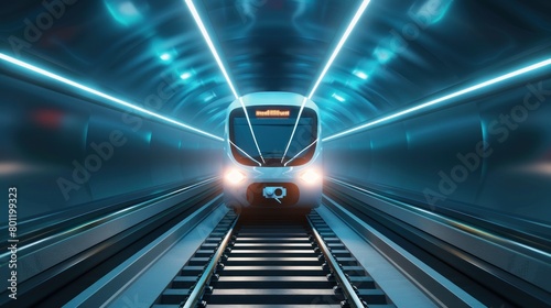 Modern train approaching with bright lights on track