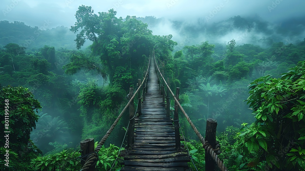 Eco-tourism adventure in a lush rainforest, canopy bridges above misty valleys, sustainable travel