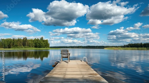 Landscape with a long wooden pier with chairs for fishing and relaxing enjoying the lake view © jongaNU