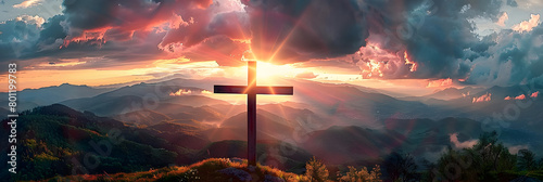 Cross of Jesus. Easter, resurrection concept. Christian wooden cross on a background with dramatic lighting, colorful mountain sunset, dark clouds and sky, sunbeams