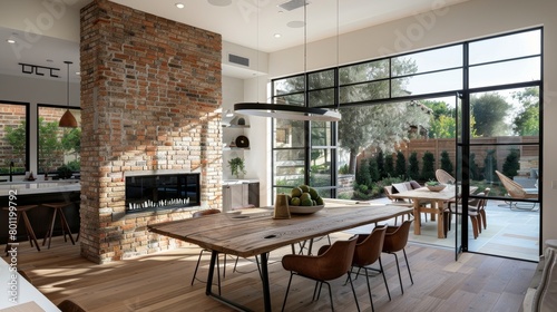 The rustic brick fireplace adds a touch of warmth and character to the otherwise minimalist dining space. 2d flat cartoon. © Justlight