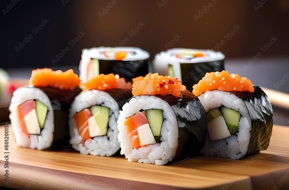 A row of sushi rolls on a wooden cutting board. Delicious food for a pleasant evening A row of sushi rolls on a wooden cutting board. Delicious food for a pleasant evening