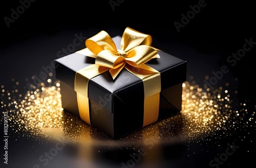 Black Gift box and gold ribbon on black insulated background with sequins. Black Friday sale concept. Gifts for family and friends