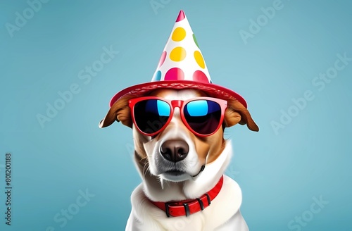 Funny dog at a party wearing a colorful summer hat and stylish sunglasses on an isolated background © Ana River