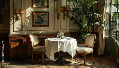 Fototapeta Naklejka Na Ścianę i Meble -  An elegant dining setup in a classic restaurant interior, bathed in warm natural light, featuring a solitary table near window curtains and lush indoor plants.
