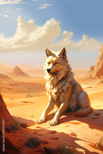 Solitary canine seated in the vast desert  embodying solitude amidst the sprawling dunes