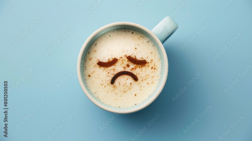 Coffee cup with sad face drawn on coffee milk foam. Top view to mug with coffee on blue background. Blue Monday, hard morning, difficult day, negative emotions, loneliness, loss, problem, difficulties Coffee cup with sad face drawn on coffee milk foam. Top view to mug with coffee on blue background. Blue Monday, hard morning, difficult day, negative emotions, loneliness, loss, problem, difficulties
