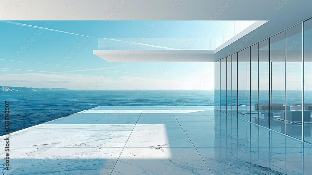 A minimalist modern style scene with an empty floor and glass walls, overlooking the vast sea outside. The sky is a clear blue color. Generative AI. A minimalist modern style scene with an empty floor and glass walls, overlooking the vast sea outside. The sky is a clear blue color. Generative AI.