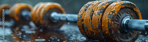 Fitness routine detail, close-up on weights and gear, the texture of effort and dedication photo