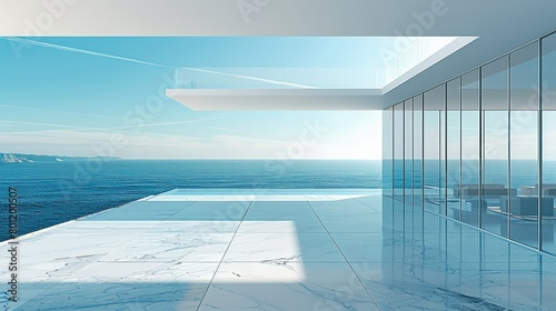 A minimalist modern style scene with an empty floor and glass walls, overlooking the vast sea outside. The sky is a clear blue color. Generative AI.