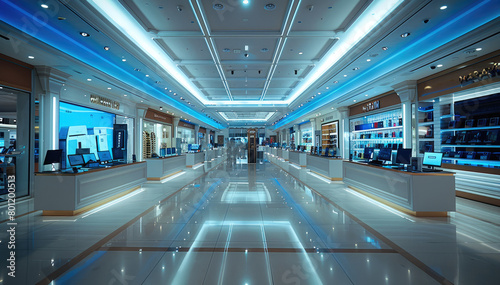 A retail shopping mall laptops computers sells section set in a highly mall illuminated atmosphere. Generative AI.