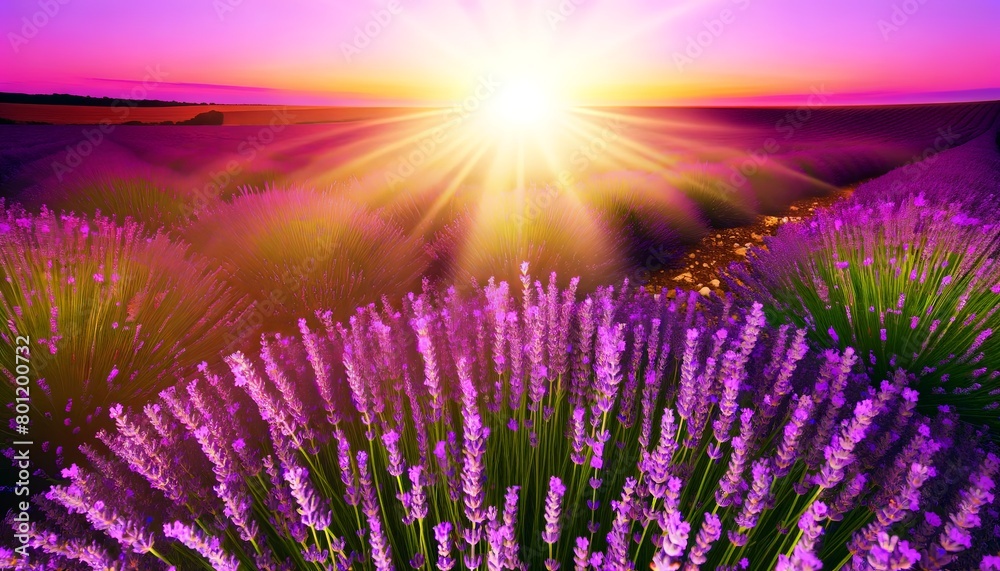 Obraz premium Picnic view of a lavender field at sunrise or sunset with beautiful purple hues. Concept of nature