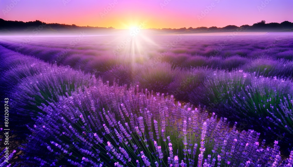 Picnic view of a lavender field at sunrise or sunset with beautiful purple hues. Concept of nature
