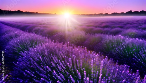 Picnic view of a lavender field at sunrise or sunset with beautiful purple hues. Concept of nature © liubovyashkir