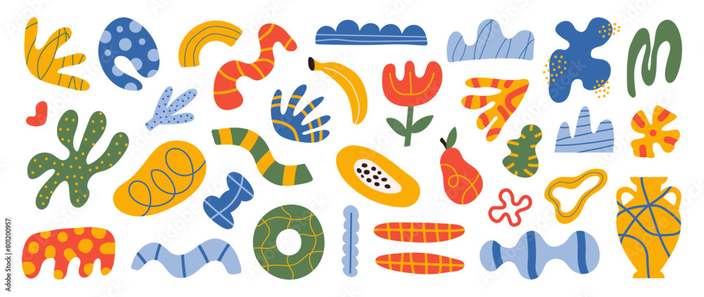 Abstract set natural organic shapes on a white background. Trendy doodle bundle with summer hand drawn plant leaf, fruit and tropical shapes. Vector illustration Abstract set natural organic shapes on a white background. Trendy doodle bundle with summer hand drawn plant leaf, fruit and tropical shapes. Vector illustration