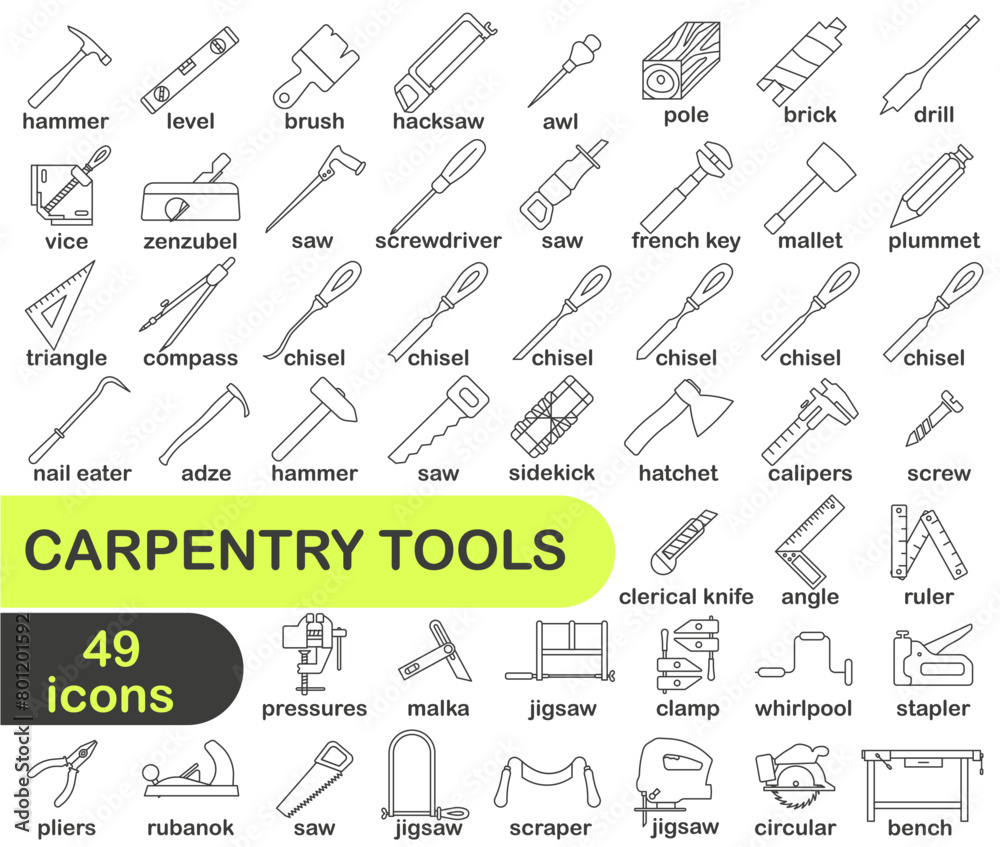 Carpentry tool thin line with title. Carpentry tool icon collection. Vector illustration. Carpentry tool thin line with title. Carpentry tool icon collection. Vector illustration.