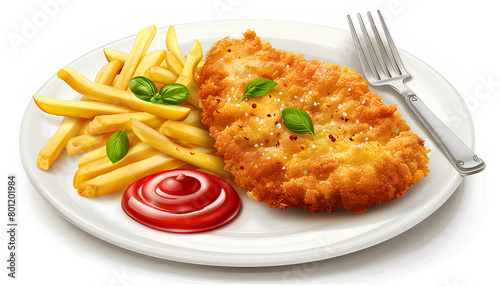 chicken schnitzel with french fries and ketchup, with decorative fork and knife, delicious