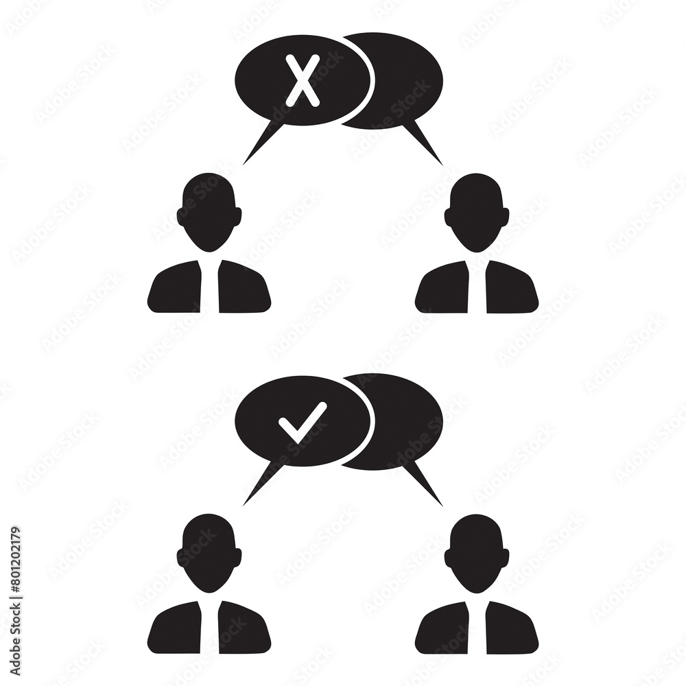 Cabezas de personas con burbujas de discurso con signo de aprobación y cruz blanca sobre un fondo blanco. Vista de frente y de cerca. Copy space Cabezas de personas con burbujas de discurso con signo de aprobación y cruz blanca sobre un fondo blanco. Vista de frente y de cerca. Copy space