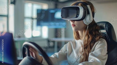 Driving school. a young woman wearing virtual reality glasses learns driving in a driving school. a girl in VR glasses sits in a classroom and controls a virtual machine using the steering wheel